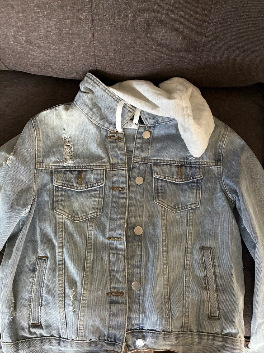 Light Wash Denim Jacket with Gray Hood - Kids